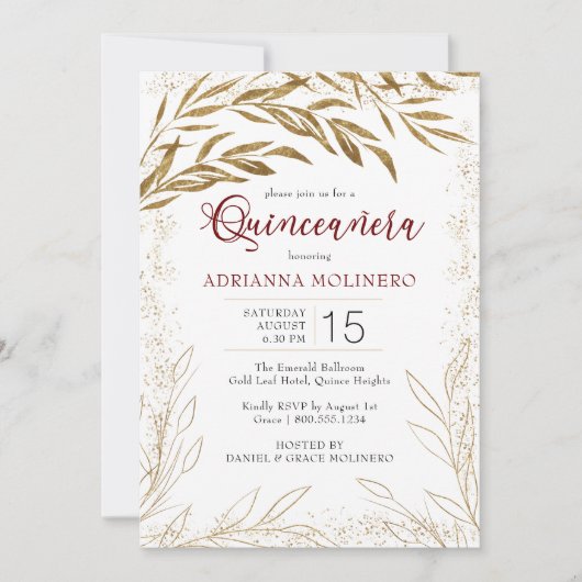 Elegant Quinceanera Red en Gold Leaves Kaart (Voorkant)