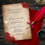 Elegant Quinceanera Red Rose Gold Folie Uitnodiging<br><div class="desc">Creëer uw eigen elegante rode quinceanera-uitnodigingen in echte gouden folie (ook verkrijgbaar in zilver en roos goud). De bloemetjeskunst van Raphaela Wilson toont drastische donkerrode waterverf rozen, sparkle vlinder confetti, een filigree grens/jurkgrens en een koninklijke prinseskroon/tiara. Houd de oude oude achtergrond van het rolperkamentpapier, of voeg uw eigen textuur of...</div>