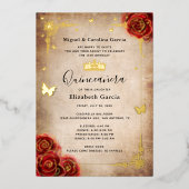 Elegant Quinceanera Red Rose Gold Folie Uitnodiging (Voorkant)