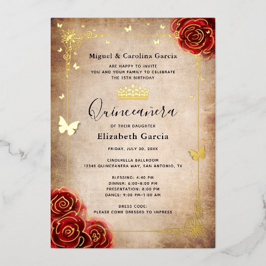 Elegant Quinceanera Red Rose Gold Folie Uitnodiging (Voorkant)
