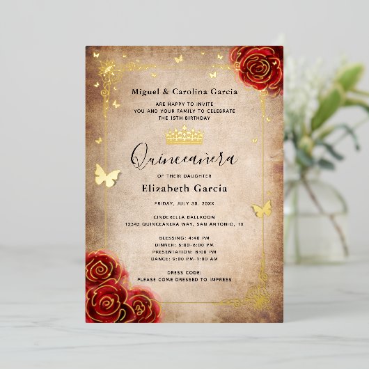 Elegant Quinceanera Red Rose Gold Folie Uitnodiging (Staand Voorkant)