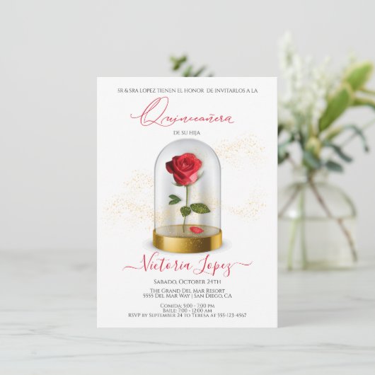 Elegant Quinceañera Red Rose in Spaanse uitnodigin Kaart (Staand voorkant)