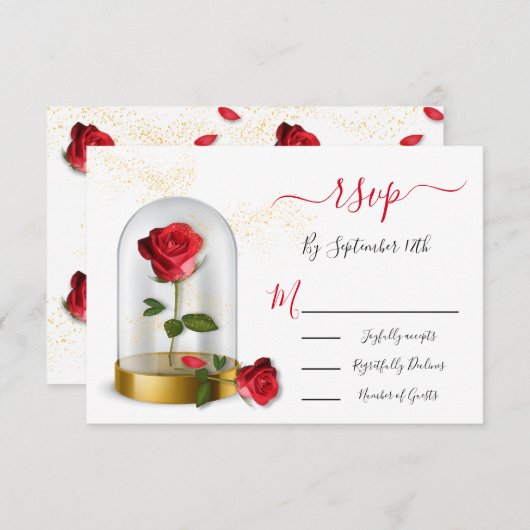 Elegant Quinceañera Red Rose responskaarten RSVP (Voorkant / Achterkant)