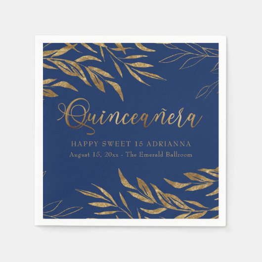 Elegant Quinceanera Royal Blauw en Goud Blad Servet (Voorkant)