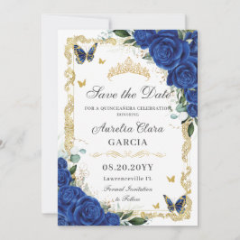 Elegant Quinceañera Royal Blue Bloemen  Goud Save The Date