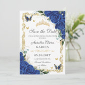 Elegant Quinceañera Royal Blue Bloemen  Goud Save The Date (Staand voorkant)