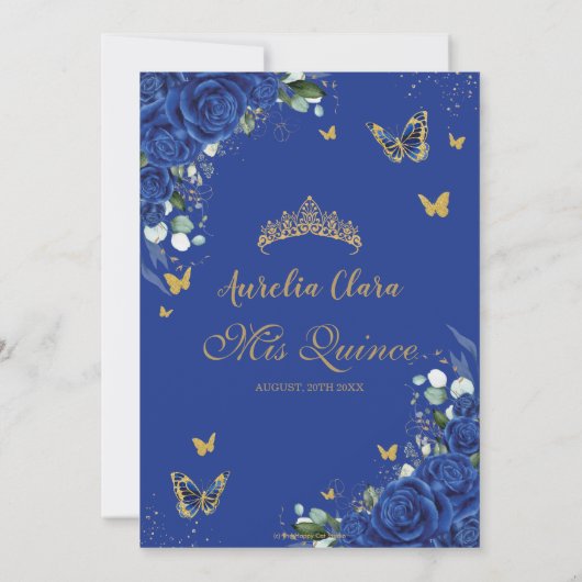 Elegant Quinceañera Royal Blue Bloemen  Goud Save The Date (Achterkant)
