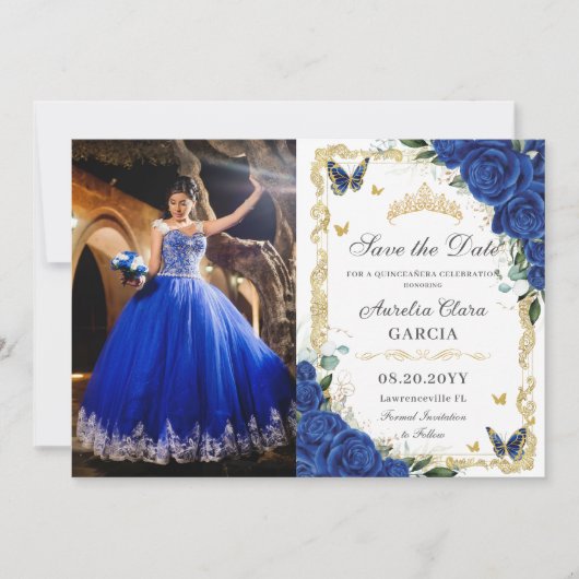 Elegant Quinceañera Royal Blue Bloemen  Goud Save The Date (Voorkant)