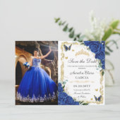 Elegant Quinceañera Royal Blue Bloemen  Goud Save The Date (Staand voorkant)