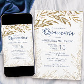 Elegant Quinceanera Royal Blue en Gold Leaves Kaart