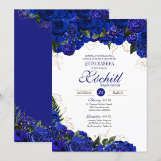 Elegant Quinceanera - Royal Blue Gold Rozen Floral Kaart