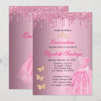 Elegant Quinceañera Roze en Gold Glitter droogt in Kaart