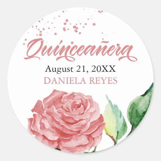 Elegant Quinceanera Roze Rose Waterverf Custom Ronde Sticker (Voorkant)