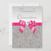 Elegant Quinceañera Silver Sequins Hot Pink Bow Kaart (Voorkant)