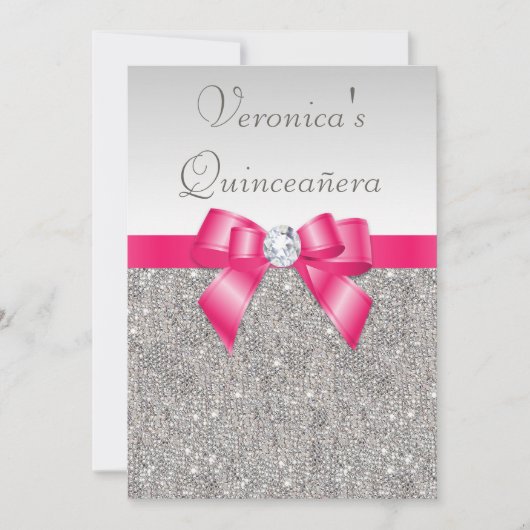 Elegant Quinceañera Silver Sequins Hot Pink Bow Kaart (Voorkant)