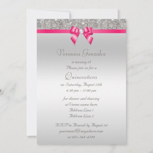Elegant Quinceañera Silver Sequins Hot Pink Bow Kaart (Achterkant)