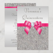 Elegant Quinceañera Silver Sequins Hot Pink Bow Kaart (Voorkant / Achterkant)