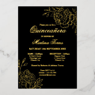 Elegant Quinceanera Sketch Floral Black en Gold Folie Uitnodiging