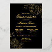 Elegant Quinceanera Sketch Floral Black en Gold Folie Uitnodiging (Voorkant)