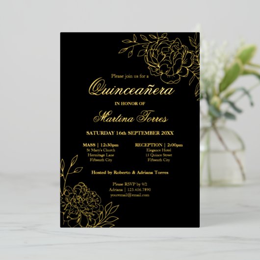 Elegant Quinceanera Sketch Floral Black en Gold Folie Uitnodiging (Staand Voorkant)