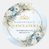 Elegant Quinceañera Sticker Blue Gold Greenery (Voorkant)