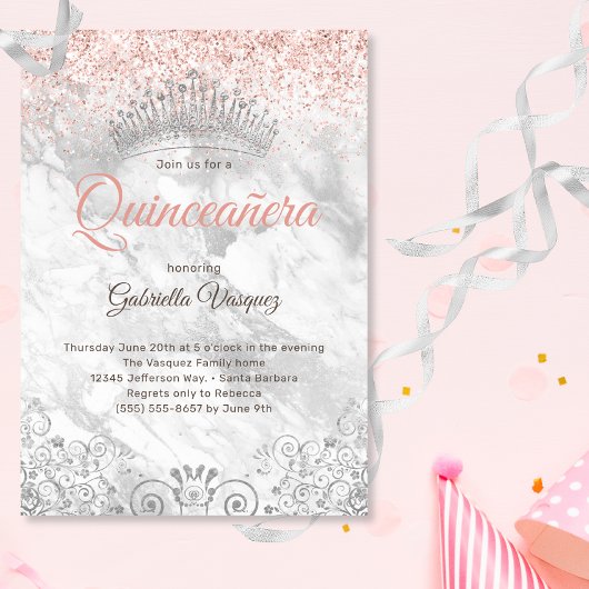 Elegant Quinceañera Tiara Pink Glitter Party Kaart