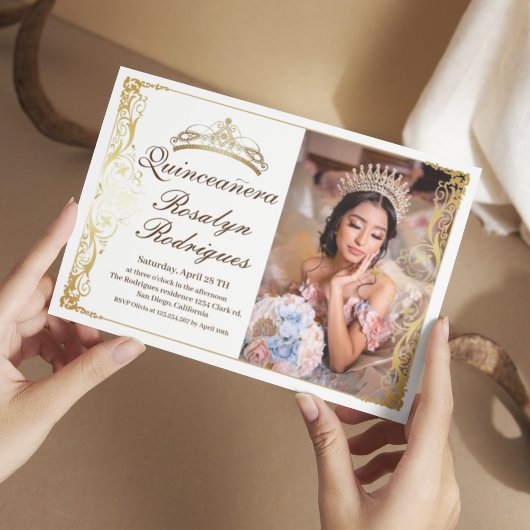 Elegant Quinceanera wit goud | Foto uitnodiging