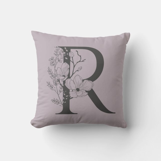 Elegant R Boho Floral Monogram Initiaal Lila grijs Kussen (Voorkant)