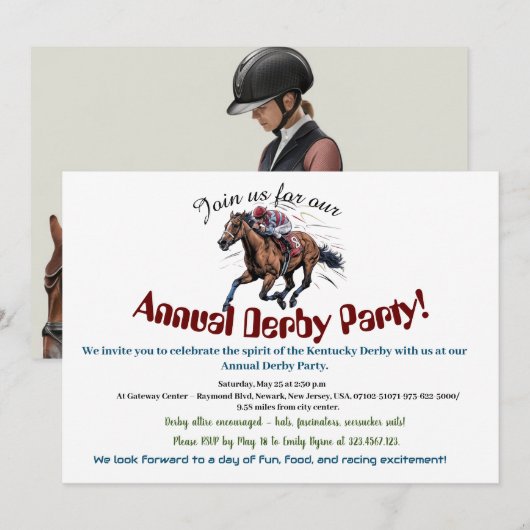 Elegant Race Paard Derby Party Uitnodiging (Voorkant / Achterkant)