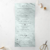 Elegant Rain Dusty Green Metallic Marmer Wedding Drieluik Uitnodiging (Binnen)