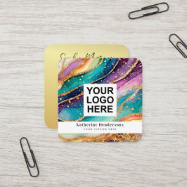 Elegant Rainbow Agate gold Glitter & QR Code Logo Vierkante Visitekaartje