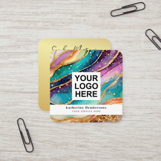 Elegant Rainbow Agate gold Glitter & QR Code Logo Vierkante Visitekaartje (Voorkant / Achterkant in situ)