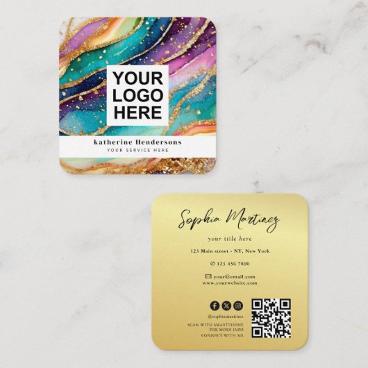 Elegant Rainbow Agate gold Glitter & QR Code Logo Vierkante Visitekaartje (Voorkant / Achterkant)