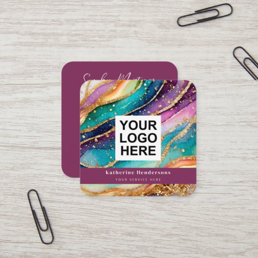 Elegant Rainbow Agate gold Glitter & QR Code Logo Vierkante Visitekaartje (Voorkant / Achterkant in situ)