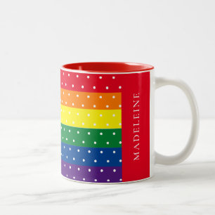 Elegant Rainbow en White Polka Dot Name Two-Tone Tweekleurige Koffiemok