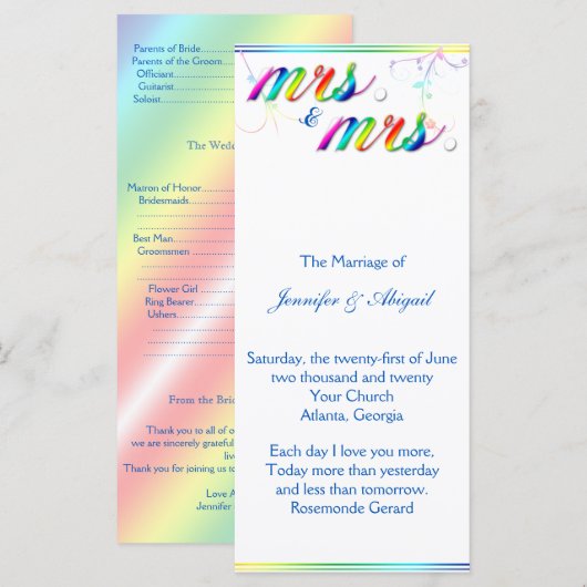 Elegant Rainbow Floral Gay Wedding Programme Programmakaart (Voorkant / Achterkant)