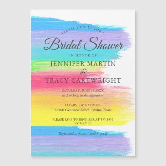 Elegant Rainbow Two Brides Lesbian Vrijgezellenfee Magnetische Uitnodiging (Voorkant)