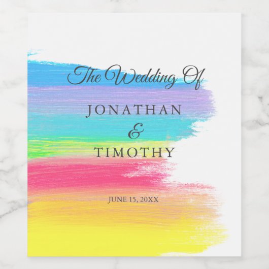 Elegant Rainbow Waterverf Moderne LGBTQ Weddenscha Wijn Etiket (Enkel label)