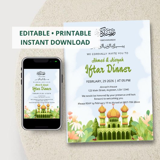 Elegant Ramadan Iftar Invitation with Green Mosque Kaart