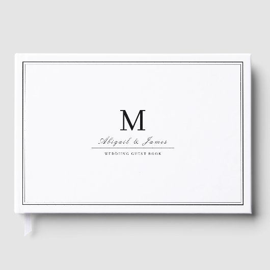 Elegant randen zwart wit minimalistisch monogram gastenboek (Voorkant)