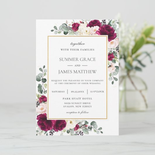 Elegant Raspberry Blush Roze Ivoor Bloemen Bruilof Kaart (Staand voorkant)