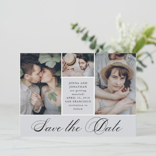 Elegant raster | 4 Foto Wedding Save the Date (Staand voorkant)