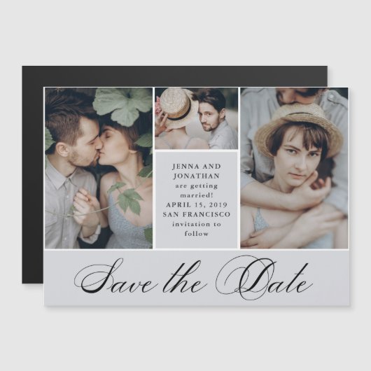 Elegant raster | 4 Foto Wedding Save the Date Magnetische Uitnodiging (Voorkant / Achterkant)