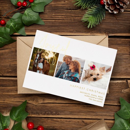 Elegant Real Gold Effect Joyful 3 Photos Christmas Folie Feestdagenkaart