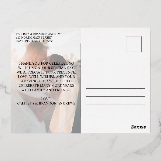 Elegant Real Gold Foil Foto Weddenschap Hartelijk Folie Uitnodiging Briefkaart (Achterkant)