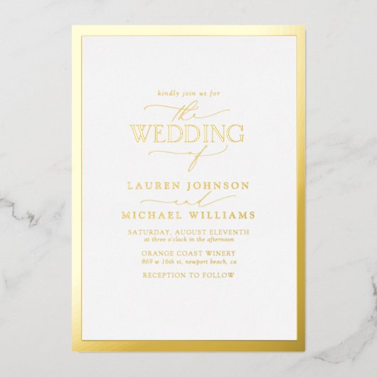 Elegant Real Gold Foil Modern Calligraphy Wedding Folie Uitnodiging (Voorkant)