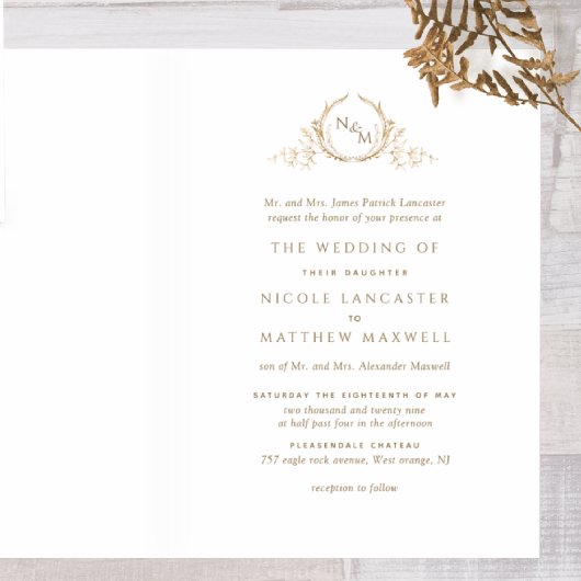 Elegant Real Gold Foil Monogram, officieel huwelij Folie Kaarten