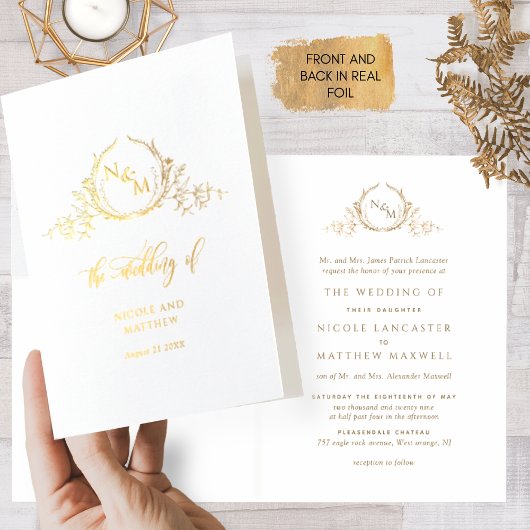 Elegant Real Gold Foil Monogram, officieel huwelij Folie Kaarten