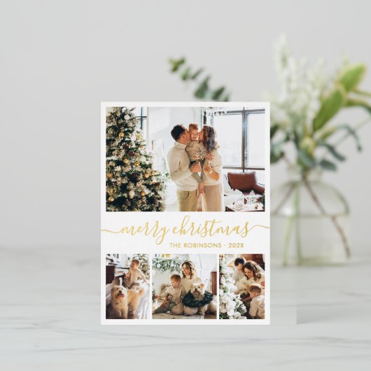 Elegant Real Gold Foil Script 4 Photo Collage  Folie Feestdagen Briefkaart (Staand Voorkant)
