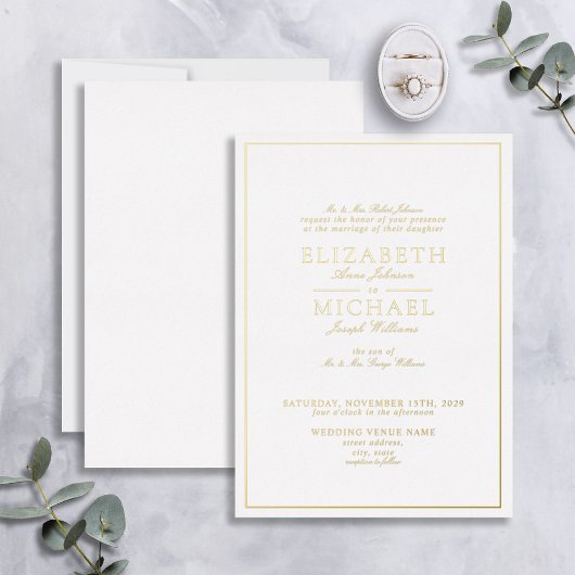 Elegant Real Gold Foil White Script Weddenschap Folie Uitnodiging